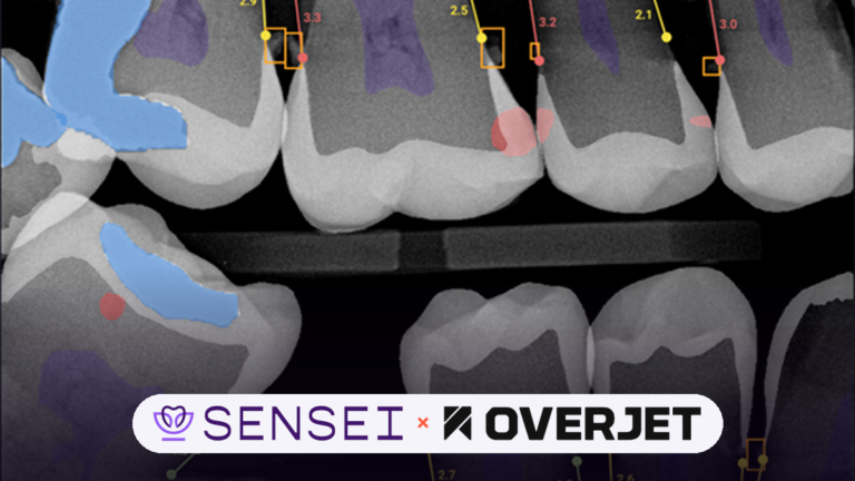 Images shows the Overjet and Sensei logo along with an in-product image from Overjet co-pilot showing possible tooth decay.