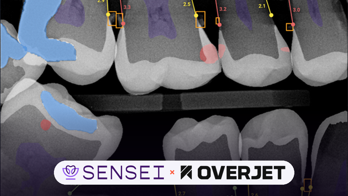 Images shows the Overjet and Sensei logo along with an in-product image from Overjet co-pilot showing possible tooth decay.